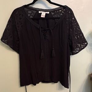 American Rag Black Lace Short Sleeve Tie-Front Blouse